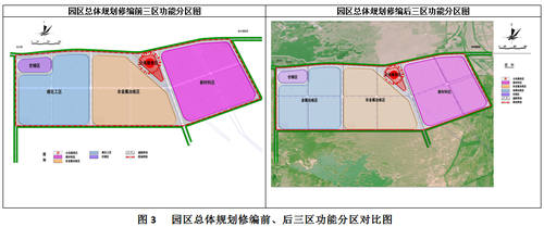 园区总体规划修编前后三区功能分区对比图