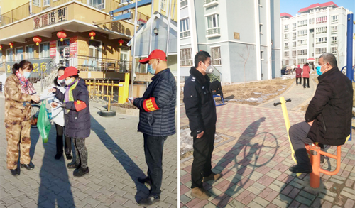 党员干警向抗疫志愿者宣讲疫情防控相关法律规定；参与社区执勤的干警对滞留小区广场人员进行劝返